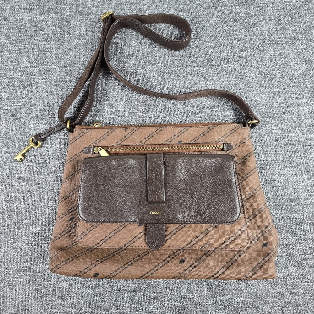 Fossil Womens Kinley Crossbody Bag ZB1643 Two Tone Brown Diagonal Logo Print